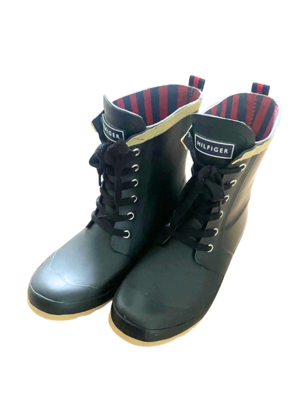 Tommy Hilfiger Black Rain Boots with Red-Striped Lining